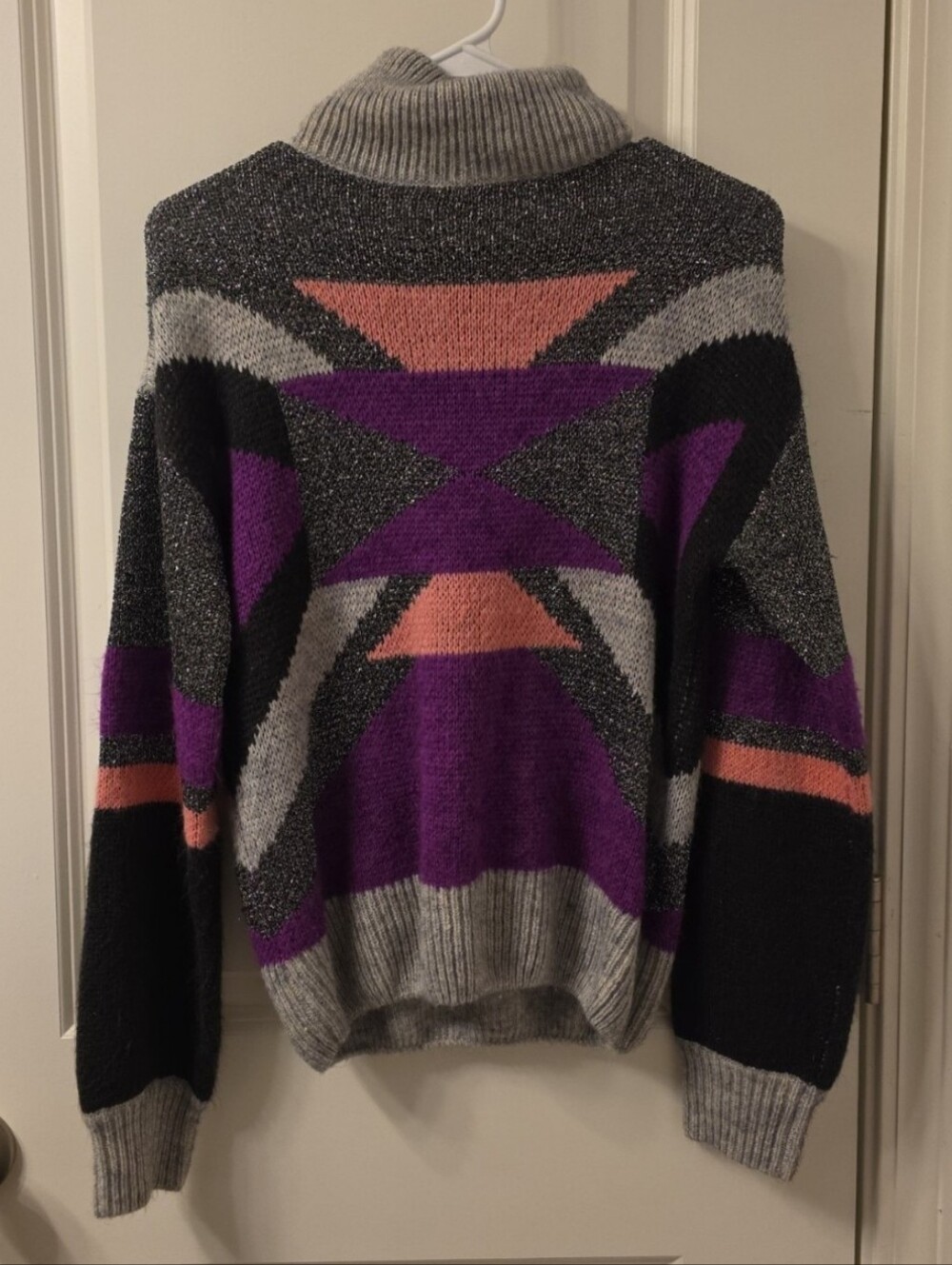 Modcloth Gray Turtleneck Sweater with Purple Geometric Aztec Boho Design Medium